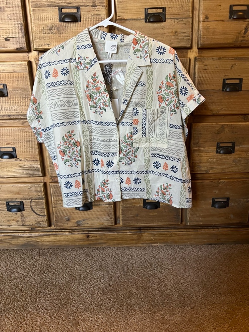 Cream Floral Patchwork Short-Sleeve Button Down Top
